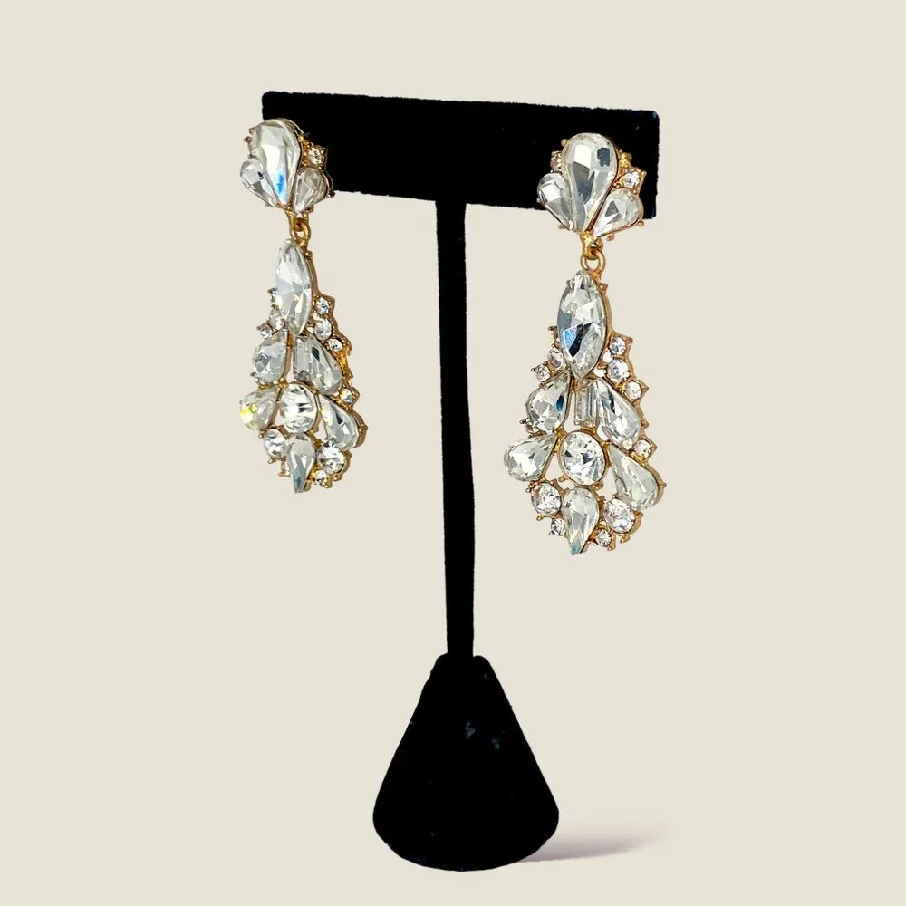 NEW Badgley Mischka Gold Crystal Drop Bridal Dangle Earrings Art Deco Chunky - Picture 5 of 6